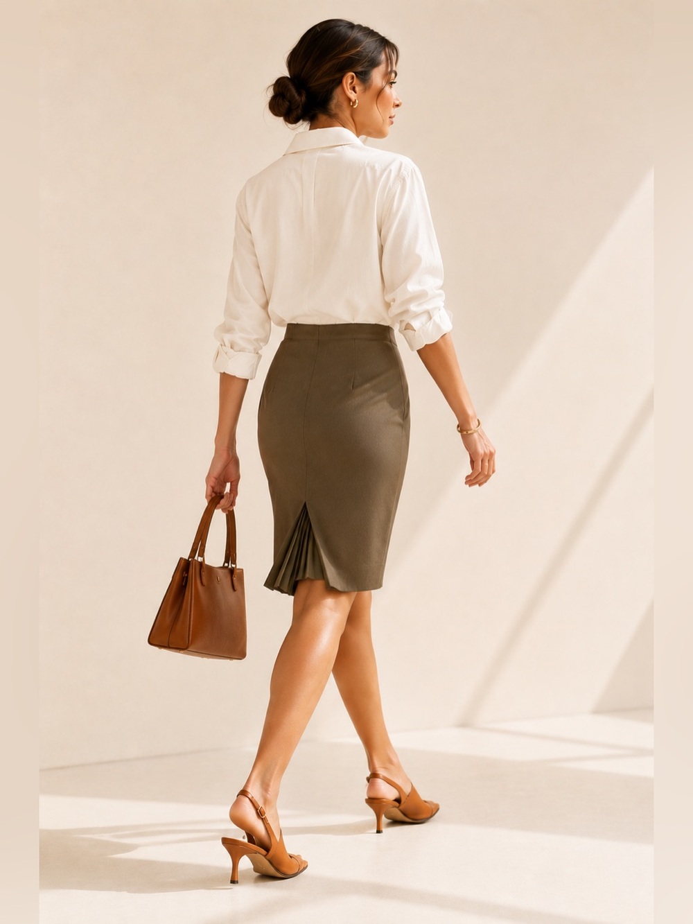 Y2K Club Monaco Wool Blend Pencil Midi Skirt Back Pleat Quiet Luxury Olive Sz 4